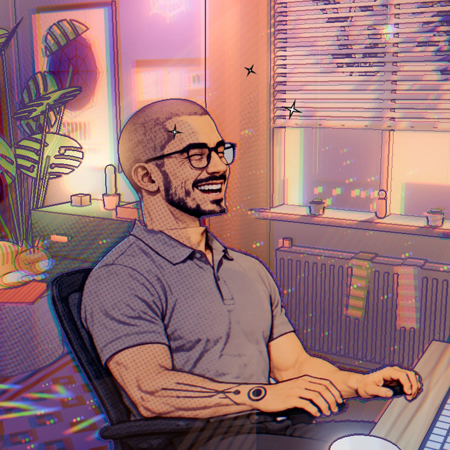 Drawn self-portrait: laughing at the desk in front of a monitor