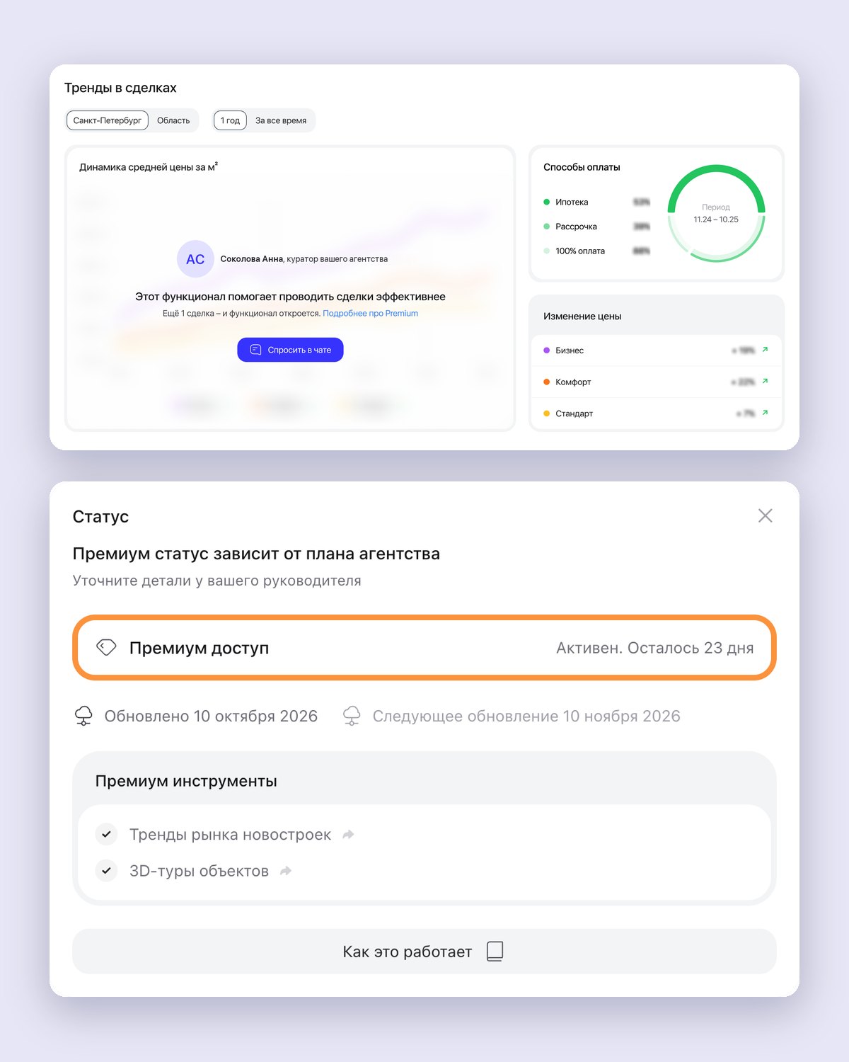 A locked premium tool: blurred market trends under the curator’s card with an Ask in chat button, and the Status window