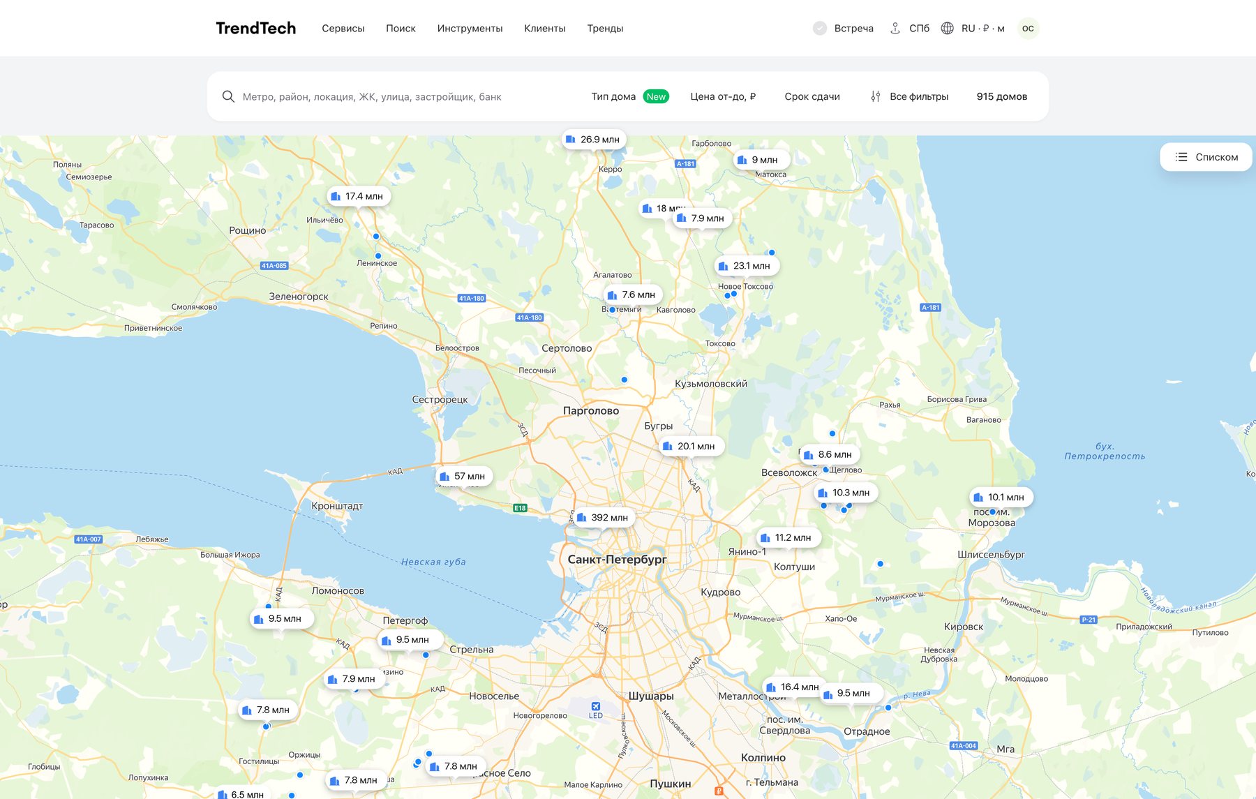 Houses on the map of the region: every cottage community with its starting price, the map itself blurred