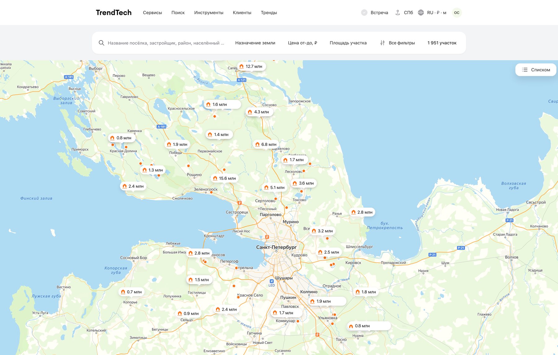 Villages on the map of the region, each with its starting price, the map itself blurred