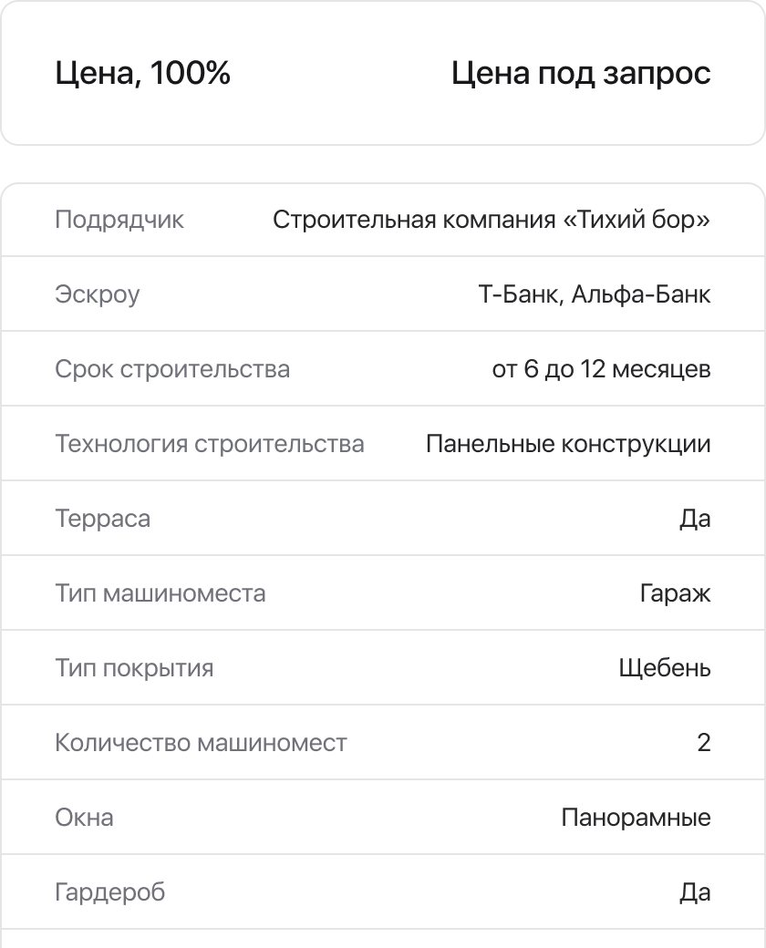 Price panel saying Price on request instead of a blank, above the project’s parameters
