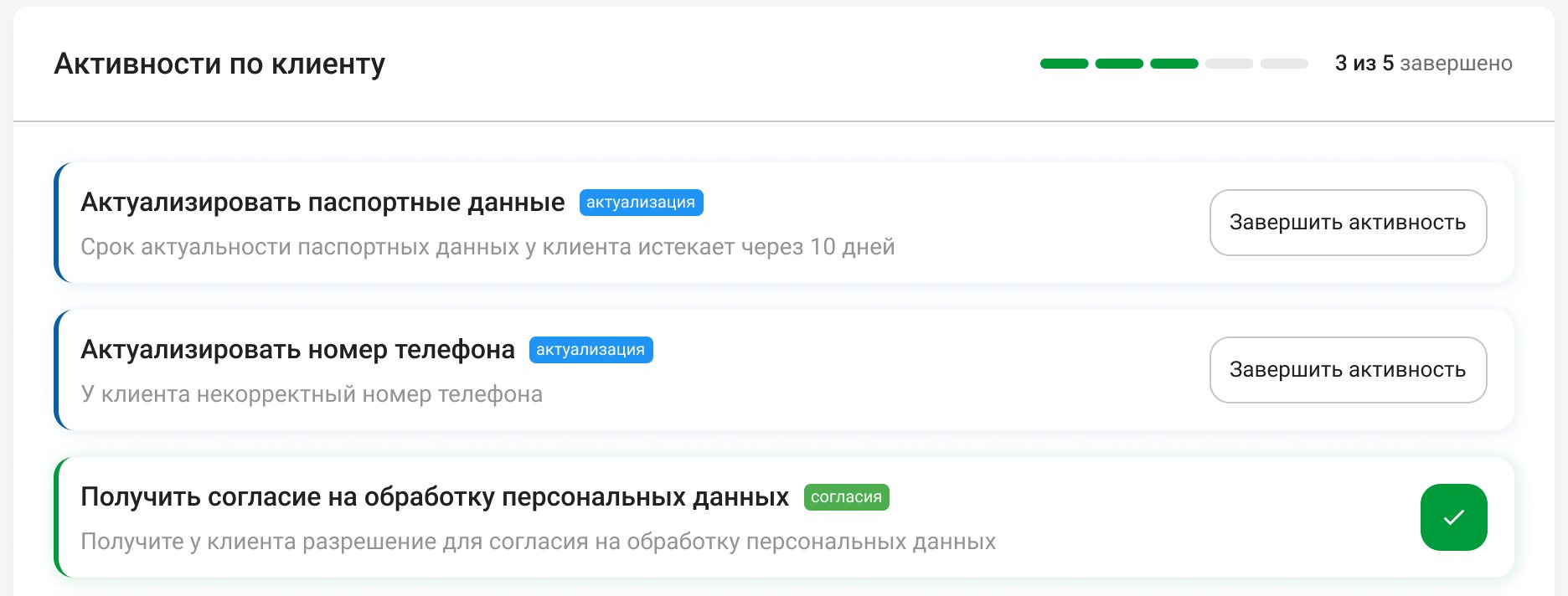 Activities for the client at 3 of 5 done: two open tasks with Complete activity and a finished one with a green check